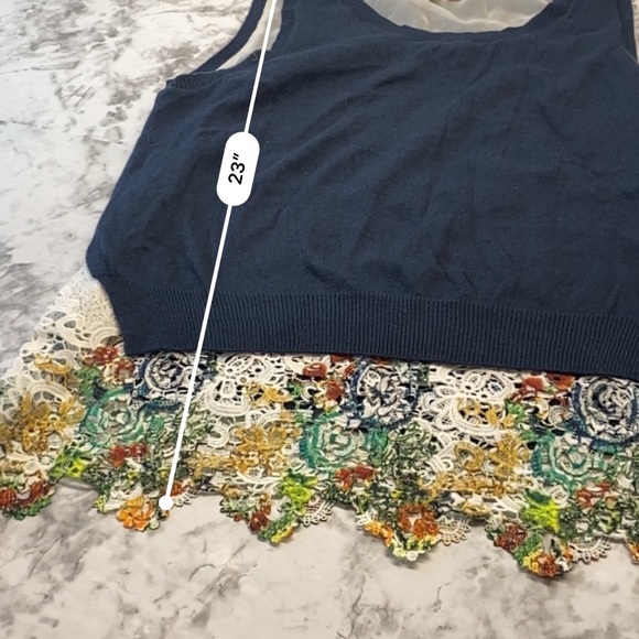 Anthropologie MOTH Navy Blue Sleeveless sweater attached MultiColor Lace Small - Picture 15 of 17